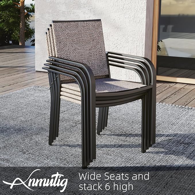 Small Outdoor Table and Chairs Set with Beige Chairs and 35" Square Table | 4 Piece Stackable Chairs, Textilene Seat&Back, Metal Table, Slat Table Top, 4 Person Use, 1.57" Umbrella Hole, All Weather