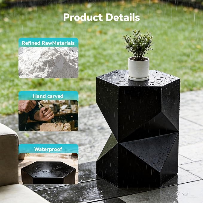 COSIEST MgO Concrete Side Table, 18 Inch Hexagonal Geometric Outdoor End Accent Table, All-Weather Patio Garden Stool, Modern Plant Stand & Coffee Table for Balcony Backyard, Black, 1 Pack