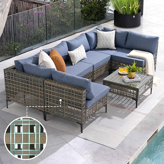 Patiorama 7 Piece Wicker Patio Furniture Set, Metal-Colored PE Rattan Outdoor Sofa Set Patio Sectional with Water Resistant Cushion and Coffee Table, Outdoor Couch, Porch, Backyard-Denim Blue