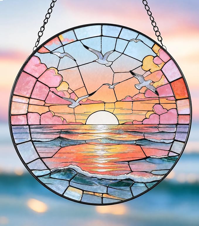 Hanging Stained Glass for Windows,20cm/7.87inch Sea Sunrise Stained Glass Suncatcher with Chain Garden Diamond Glass Panel Hangings Decoration for Home Decor Gifts for Family Friends Colleagues