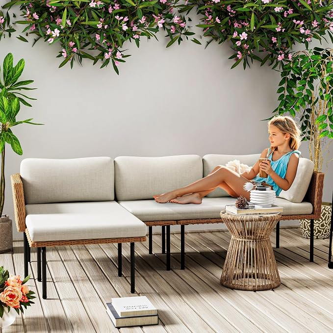 DECMICO 3-Piece Patio Furniture Set, L-Shaped Outdoor Sectional Sofa with Thick Cushions, All-Weather Rattan Conversation Set, Boho Style Detachable 3-Seater Lounger (Beige)