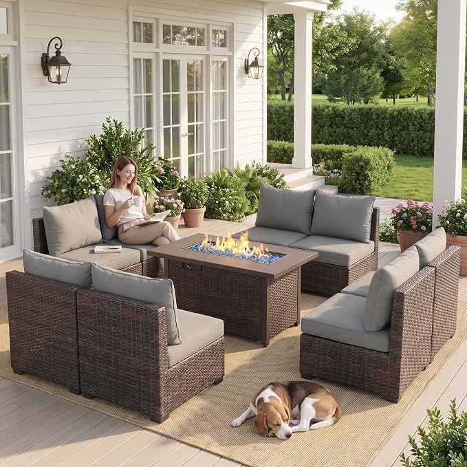 9 Pieces Outdoor Sectional Patio Furniture Set with Fire Pit Table PE Rattan Wicker Patio Sectional Armless Conversation Set with Cushions Grey