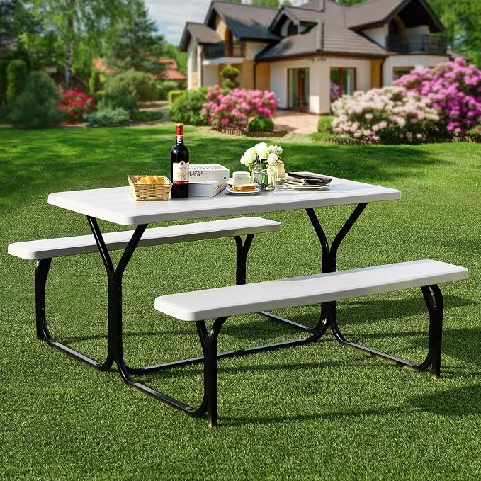 Picnic Table, Outdoor Table Bench Set with Metal Frame & Wood-Like Texture, Large Picnic Table with All Weather-Resistant Tabletop, Camping Picnic Tables for Patio, Lawn, Dining Party