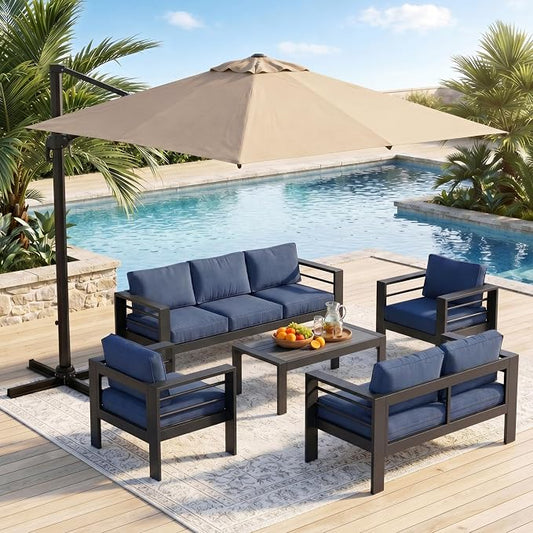 Wisteria Lane 6 Pieces Aluminum Patio Furniture Set with Umbrella, All Weather Oversized Outdoor Furniture Set with Deep Seat and Back Cushion, Patio Conversation Sets with Wide armrest, Blue & Kahki