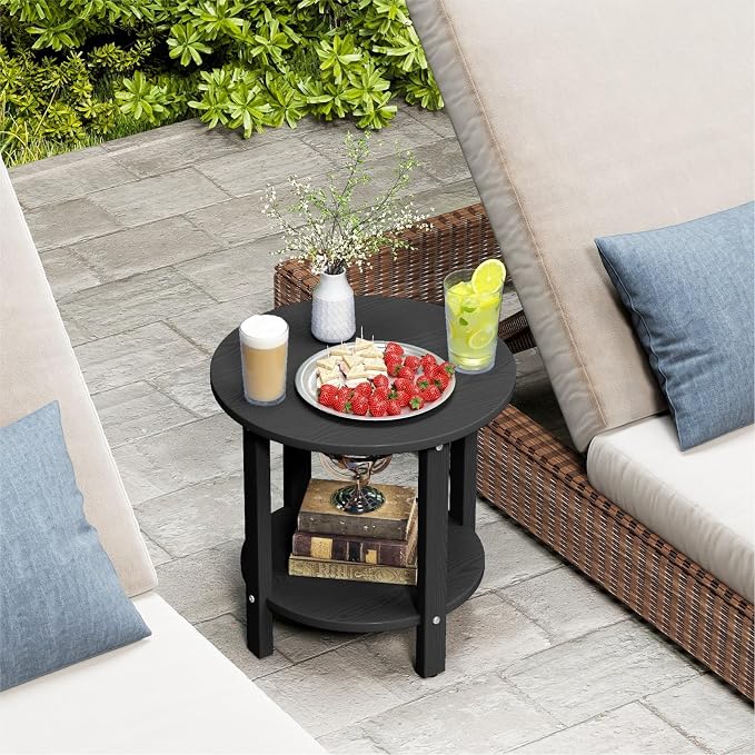 HDPE Round Outdoor Side Table, 18.1-Inch Weatherproof Small Outdoor Table for Adirondack, 2-Tier Patio End Table for Garden Backyard Porch Deck Balcony Poolside (Black)