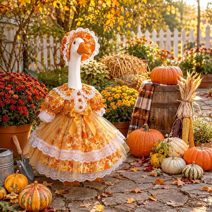 Soulchen Fall Yellow Maple Leaf Porch Goose Outfits for 23 Inch Goose Clothes with Dress and Bonnet for Outdoor Garden Yard Lawn Entrance Decor