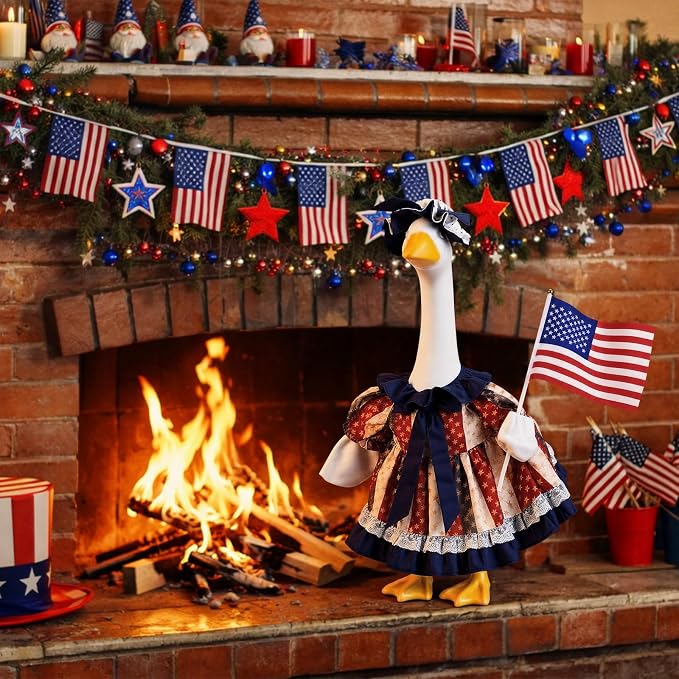 Outus Retro 4th of July Porch Goose Outfit Includes Independence Day Dresses Clothes Hat and American Flag 23 Inch Patriotic Goose Porch Clothing for 250th Anniversary Garden Yard Decoration