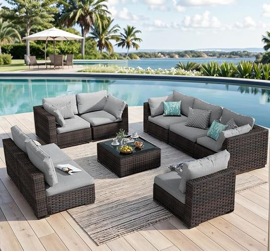 9 Piece Patio Furniture Set All Weather PE Rattan Outdoor Sectional Sofa Couch with No-Slip Cushions and Glass Top Table for Garden, Poolside, Backyard (Gray)