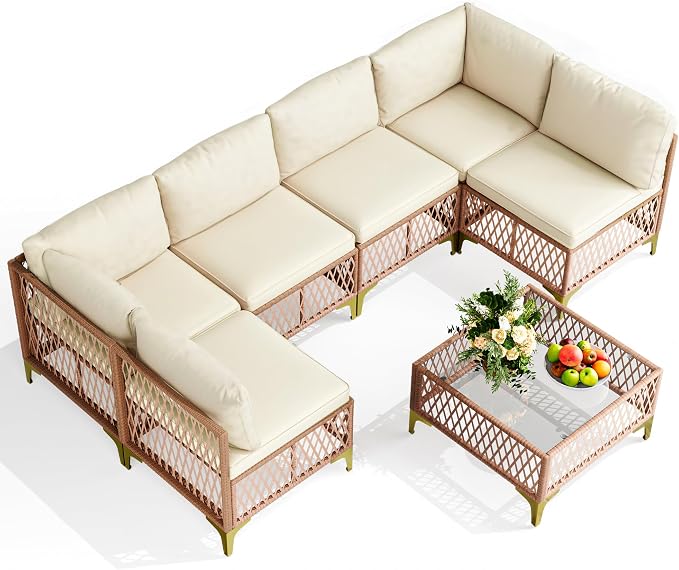 Pamapic 7-Piece Wicker Outdoor Furniture Set, Boho Sectional Sofa Patio Conversation Set with Washable Cushions & Glass Coffee Table, All-Weather Patio Furniture Set for Backyard, Porch, Cream