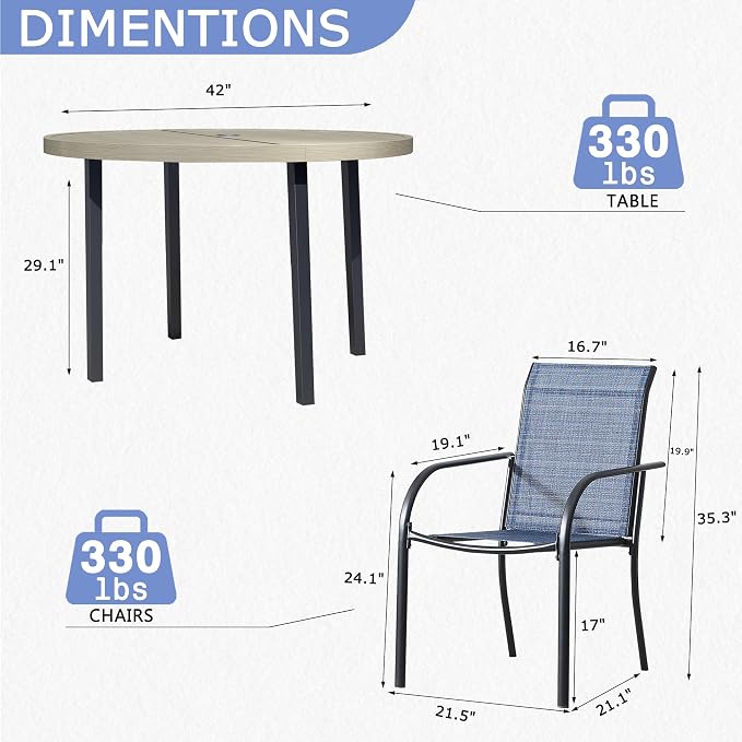 5 Piece Patio Dining Set for 4, 42” Honey Oak Round Table with Umbrella Hole and 4 Blue Patio Stackable Chairs, Patio Table and Chairs for Backyard, Lawn, Deck & Garden