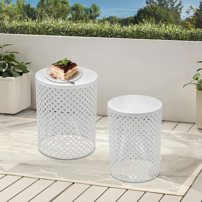 Metal Frame Accent Table,Cylindrical Outdoor Side Table,Decorative Garden Stool,Set of 2 Nesting Side Table,Modern Decorative Garden Stool for Patio Balconies Cafes Parks (2, White)
