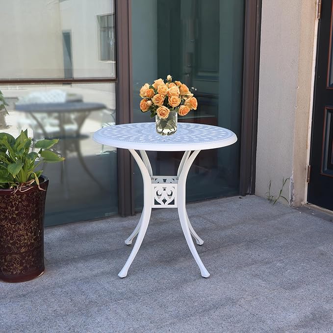 30.31" Cast Aluminum Outdoor Dining Table, Patio Bistro Table with 2.36" Umbrella Hole, Metal Conversation Furniture for Garden Porch