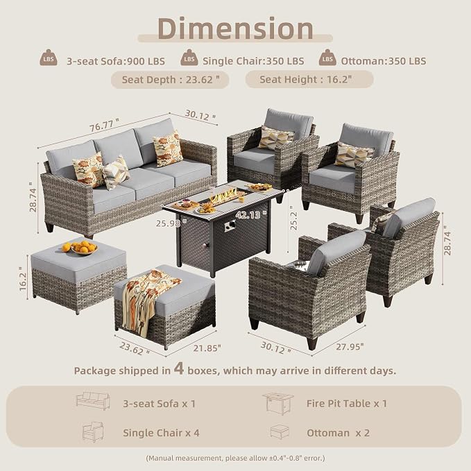 CAODOC 8-Piece Outdoor Wicker Patio Set with 9 Seats, Including 43" Fire Pit - Sectional Sofa and Conversation Set for Backyard or Lawn, Gray Rattan with Waterproof Dark Gray Cushions