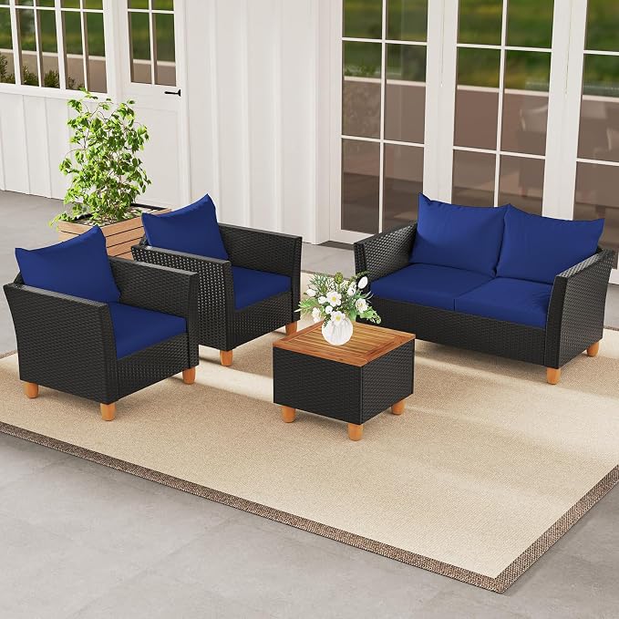 ORALNER 4 Pieces Patio Furniture Set, Outdoor Wicker Conversation Chairs, Loveseat w/Cushion, Acacia Lift-Top Coffee Table, Rattan Set for Balcony Garden Backyard Front Porch Poolside Deck (Navy)
