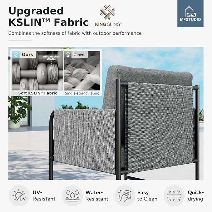 MFSTUDIO Metal Patio Furniture Sets, Outdoor Conversation Sets with Olefin-Filled Textilene Fabric Backrest, 5 Seats Deep Seating Modern Patio Sofa Sets with Textured Coffee Table for Garden(Grey)