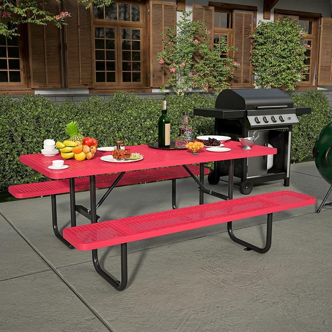 Coated Steel Heavy Duty Picnic Table for Outdoors 2200 lbs Load, Rectangular Camping Table with 1.78" Umbrella Hole, Commercial Picnic Table with Benches, Red