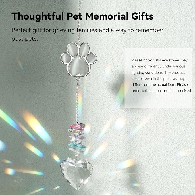 Dog Memorial Gifts, Pet Memorial Suncatcher, Loss of Dog Sympathy Gift | Thoughtful Dogs and Cats Bereavement Remembrance Gifts, Natural Cat's Eye Stone Paw Crystal Suncatcher