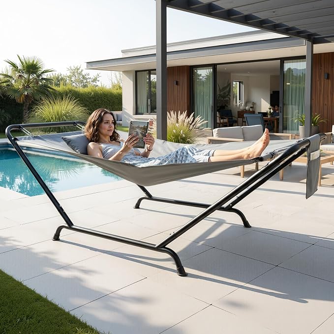 ONCLOUD Freestanding Hammock with Stand, 600LBS Heavy Duty Outdoor Hammock, Safety Cofy Outdoor Hammock with Stand, 4 Point Hammock Bed for Yard, Patio,Bedroom- with Soft Pillow & Storage Bag (Grey)