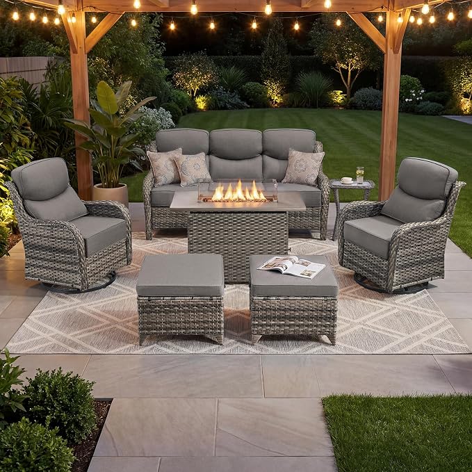 Luxury Patio Furniture Set with 6-inch Thick Cushion, Outdoor Furniture with Fire Pit Table, Swivel Chairs, Sofa, Side Table, Ottomans, 7pcs Wicker Conversation Set Grey Wicker | Grey Cushions
