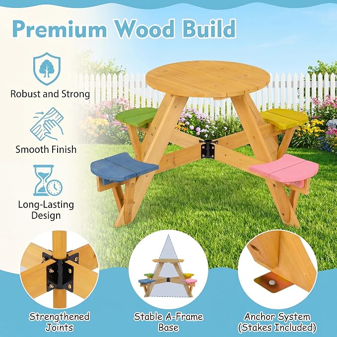 HONEY JOY Kids Picnic Table, 4-Person Fir Wood Toddler Round Outdoor Table & Chair Set, Adjustable Umbrella, Wooden Children Outdoor Furniture for Patio Backyard Lawn Garden, Natural