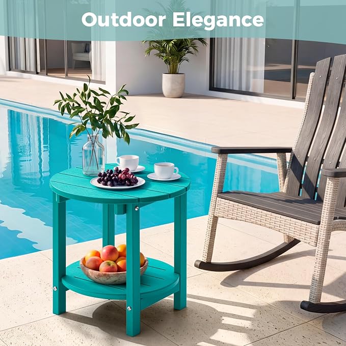 Outdoor Side Table, Adirondack Round 2-Tier Patio Table, Easy Maintenance & Weather Resistant, HDPE End Table for Backyard, Pool, Patio, Porch, Turquoise