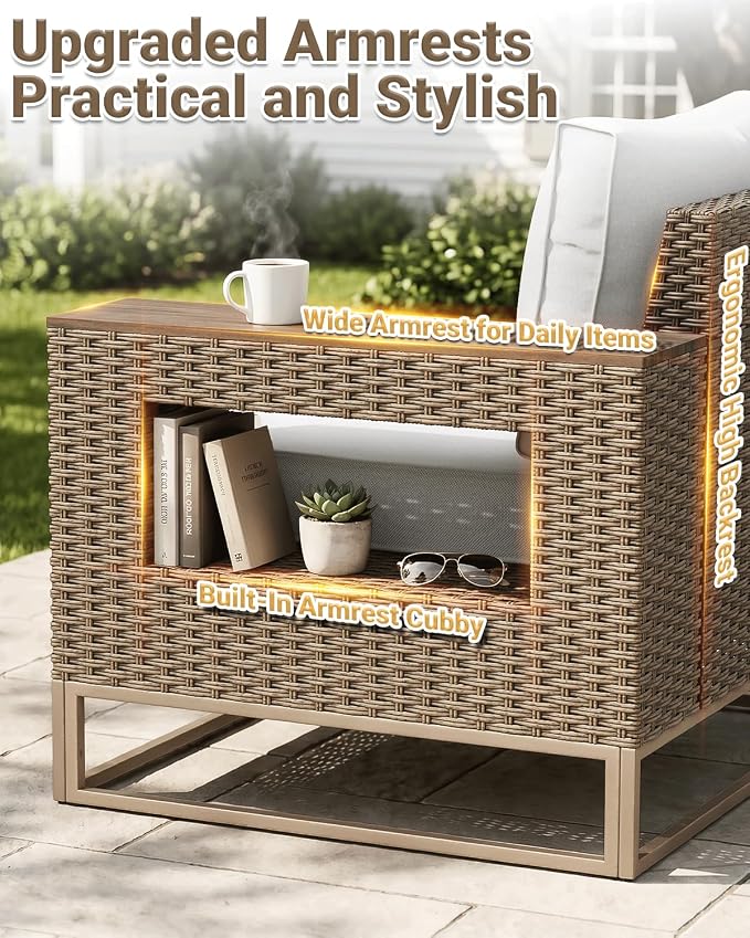 Outdoor Patio Furniture Set 6-Piece PE Rattan Wicker Outdoor Sectional Sofa with Thickened Cushions and Chunky Arms, Modern Modular L-Shaped Conversation Set for Garden, Backyard, White