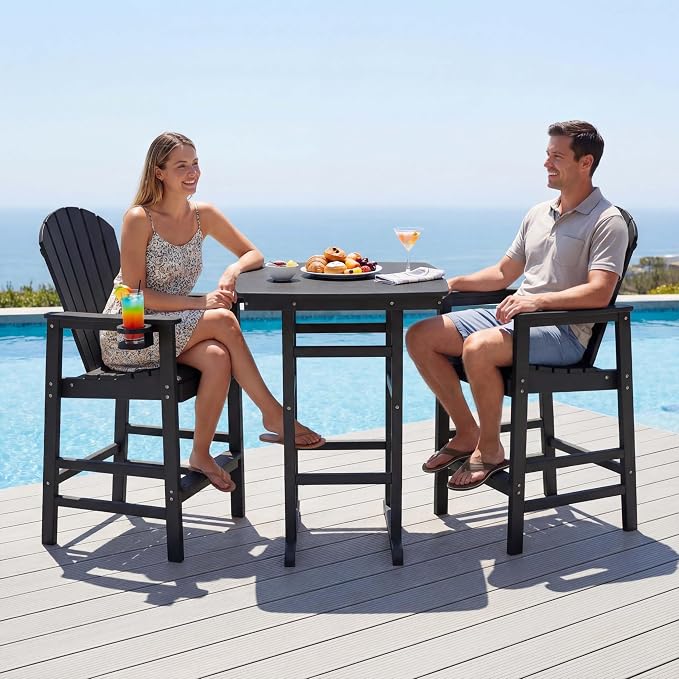 WILLIAMSPACE Height Patio Bar Table Set of 3, Outdoor Square Bar Table with Umbrella Hole, 2 Bar Stools with Cup Holders, 3-Piece All-Weather Outdoor Bistro Set for Kitchen Outside (Black)