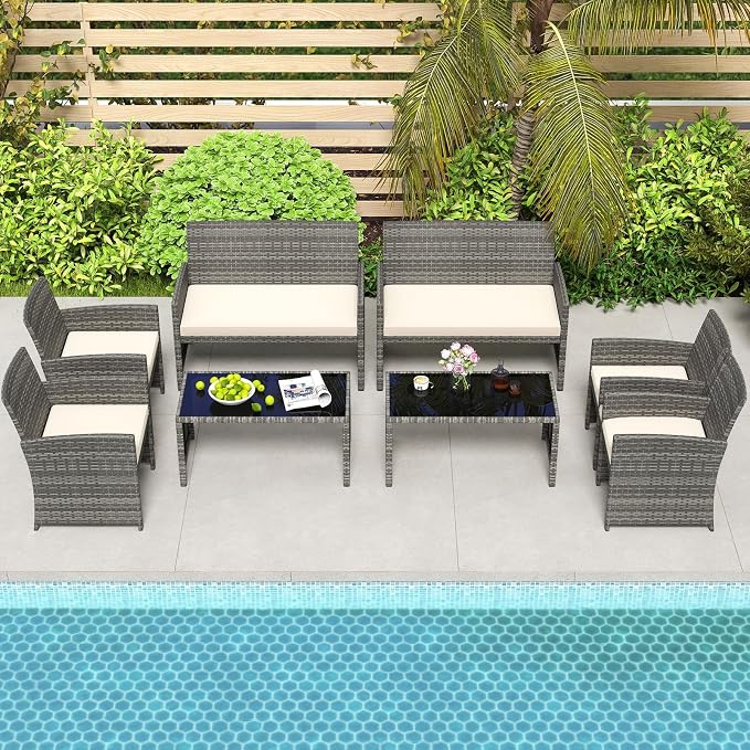 HAPPYGRILL 8 Piece Rattan Wicker Patio Conversation Set, Outdoor Furniture with Chair Loveseat Table & Cushion, for Backyard Porch Balcony (2, Off White)