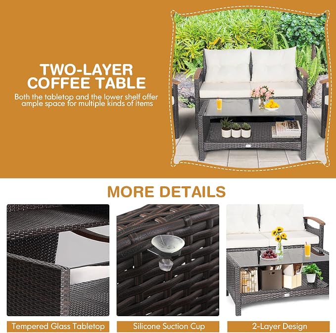 Tangkula 4 Piece Patio Rattan Conversation Set, Outdoor Wicker Sofa Set W/2-Layer Coffee Table, Backrest & Seat Cushions, Acacia Wood Curved Armrests, Suitable for Poolside, Backyard, Deck (1, White)