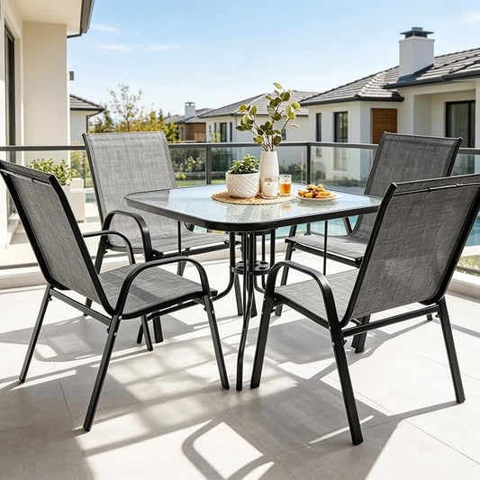 5 Piece Patio Dining Set with Wider 24.4" Stackable Chairs, Outdoor Dining Set for 4 with 36"*36" Table, Black Metal Frame and Gery Textilene