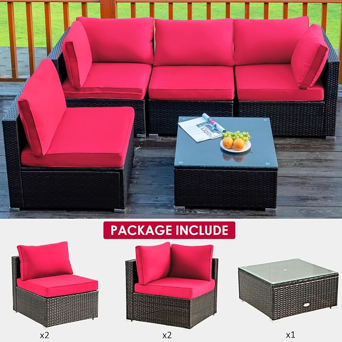 COSTWAY 5-Piece Outdoor Patio Furniture Set, PE Rattan Sofa Chairs with Cushions and Tempered Glass Coffee Table, Conversation Sofa Set for Backyard Garden (Red)