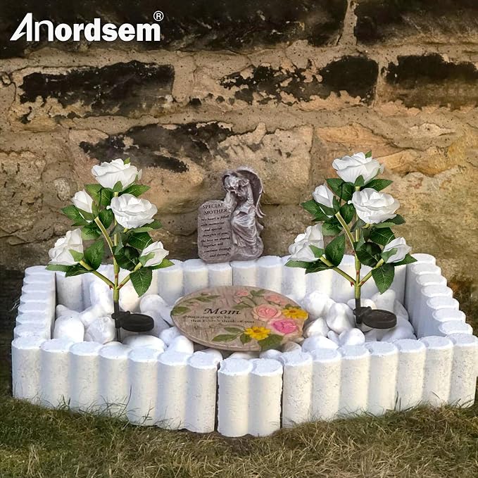 Anordsem Solar Garden Lights Outdoor: 10 Waterproof Fabric Roses 2 Pack - White LED Flower Decorations for Yard Patio Path Cemetery Grave - Mother’s Day Gift for Her Women Mom Wife
