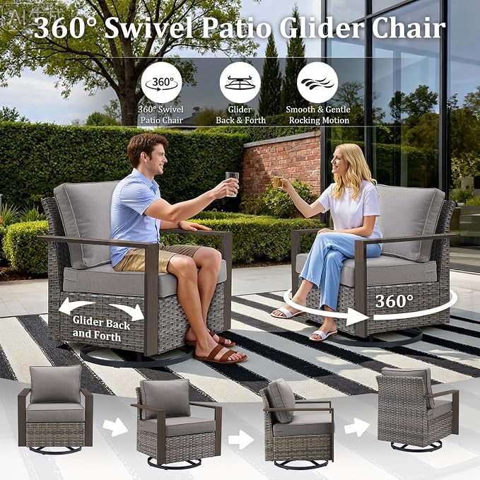 5PCS Swivel Patio Furniture Set, Outdoor Wicker Sofa and Swivel Rocker Chairs, All-Weather Conversation Set for Backyard, Deck and Poolside Grey/Grey