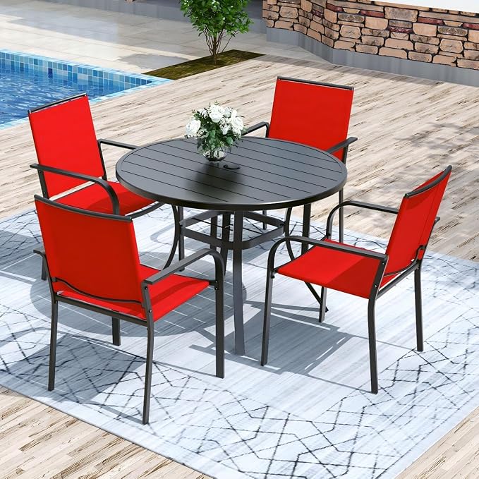 Anmutig 5 Piece Patio Dining Set 41 Inch Round Table Stackable Chairs Red | Powder-Coated Steel Frame, Quick-Dry Textilene Mesh, Dual-Size Umbrella Hole, Weather Resistant, Patio, Garden, Backyard