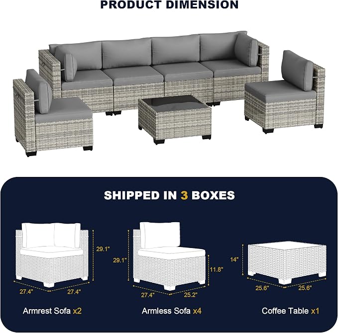 7-Piece Outdoor Patio Furniture Set, PE Wicker Rattan Sectional Sofa Conversation Set with Tempered Glass Table & Thick Cushions - All-Weather Garden, Backyard Furniture, Grey