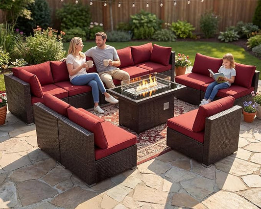 BULEXYARD 11 Piece High Back Wicker Patio Furniture Sets with Fire Pit, Luxury Extra Large Size Outdoor Seating Set, Comfortable Extra Wide Deep 10-Seater Sectional Couch Sofa for Outside, Brown & Red