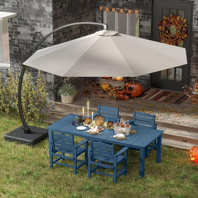 5-Piece Outdoor Dining Set with 75.2" Table for 4,Navy Blue | HDPE material, umbrella hole design, weather-resistant furniture, perfect for garden, lawn, poolside, yard, balcony, deck