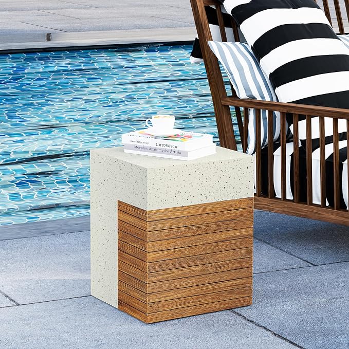 HOMPUS Outdoor Side Table w Faux Wood Design, Patio MgO Concrete Natural End Table, Square Accent Table, Small Coffee Table for Garden, Patio, Porch and Deck, Terrazzo