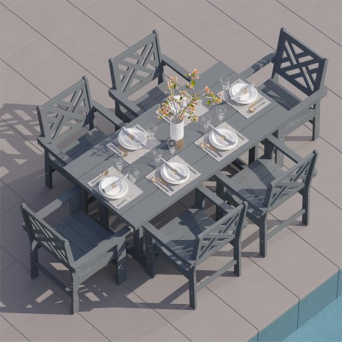 HDPE Outdoor Dining Set for 6,Patio Dining Set with Umbrella Hole,Weather Safe Outdoor Table and Chairs for Garden, Backyard, Poolside Gray
