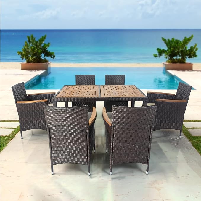 7 Piece Outdoor Patio Furniture Dining Set, Rattan Conversation Set with Acacia Wood Table Top, Widened Armrests and 6 Soft Cushion Chairs for Backyard, Garden