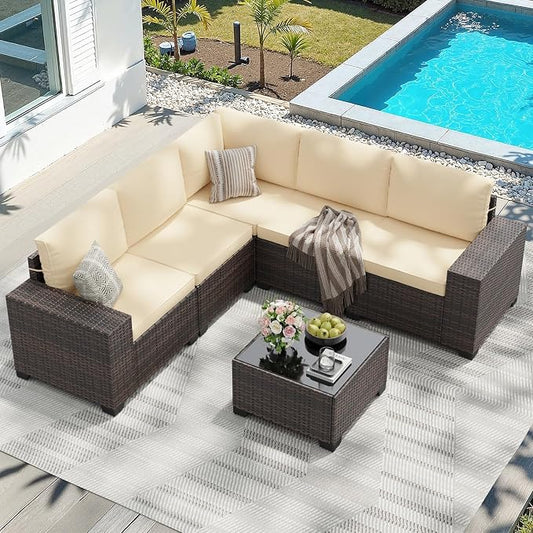 Soohow 6-Piece Patio Furniture Set All-Weather Outdoor Wicker Sectional Conversation Set with Cushion and Glass Table for Garden, Porch, Backyard, Beige Cushions