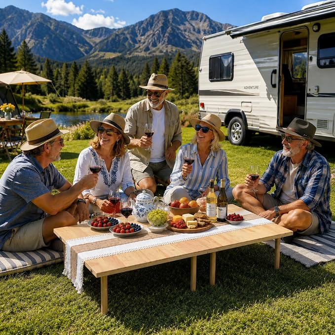 60" x 30" Boho Low Wooden Folding Picnic Table with Table Runner, Portable Boho Picnic Table for Indoor Outdoor Use, Camping, Beach, Garden, Wedding & Party (8 Steak Knives & Forks Included)