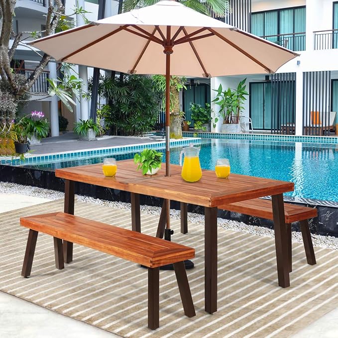 Giantex Patio Dining Table Set with 2 Benches, Outdoor Picnic Table Set with Umbrella Hole, Acacia Wood Patio Seating and Rectangular Table for Backyard, Garden, Lawn (Rustic Brown)