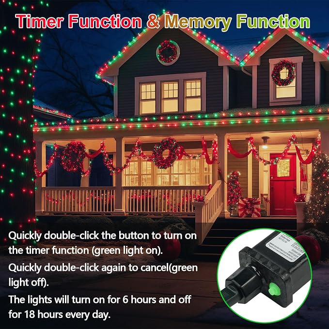 200 LED Connectable String Lights, 66FT Christmas Lights Outdoor Indoor | Red & Green, 13 Modes, Timer, Clear Wire Waterproof Twinkle Fairy Lights Plug in for Bedroom Classroom Patio Xmas Tree Decor