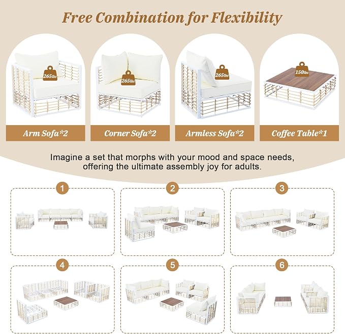 Modern Minimalist 7-Piece Metal Patio Sectional Sofa Set, All-Weather Garden Conversational Furniture Set with Thick Cushions and Coffee Table for Indoor Outdoor (White#26)