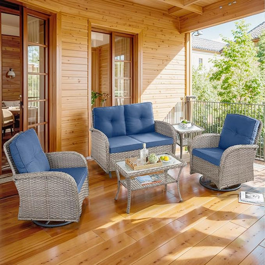 5 Piece Patio Furniture Set - Wicker Patio Conversation Set with Swivel Glider, Glider Loveseat, Tempered Glass Side Table and Coffee Table for Deck Backyard - Grey Wicker Blue Cushion
