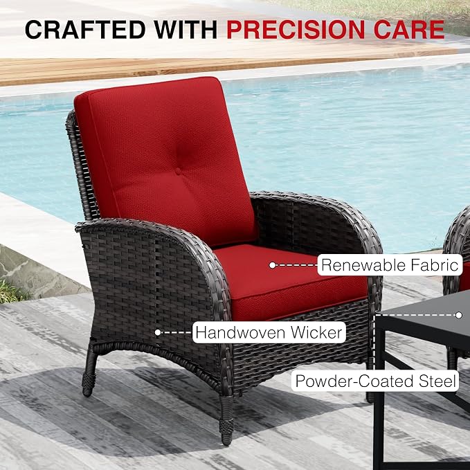 Joyside Wicker Patio Chairs, 3 Piece Rattan Outdoor Furniture with Thickened Cushions, High Back, Deep Seating, Wide Armrest, Outdoor Chairs for Porch, Deck