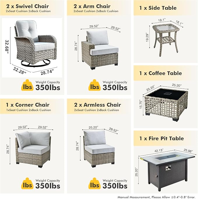 HOOOWOOO Sectional Patio Furniture Set with Fire Pit Table,10 Pieces Wicker Outdoor Furniture L Shaped Couch,Outside Conversation Set Extra Deep Seat Sofa Wide Arm Swivel Chairs Solar Table,Gray