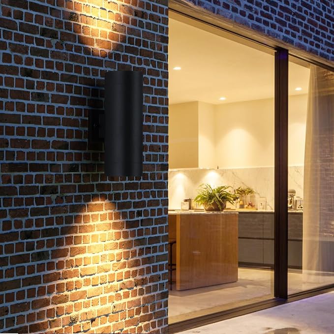 mirrea 14" Modern Outdoor Porch Light in 2 Lights, Matte Black, 2 Pack | Aluminum cylinder exterior fixtures, tempered glass cover, waterproof wall sconce & patio light for outdoor use.