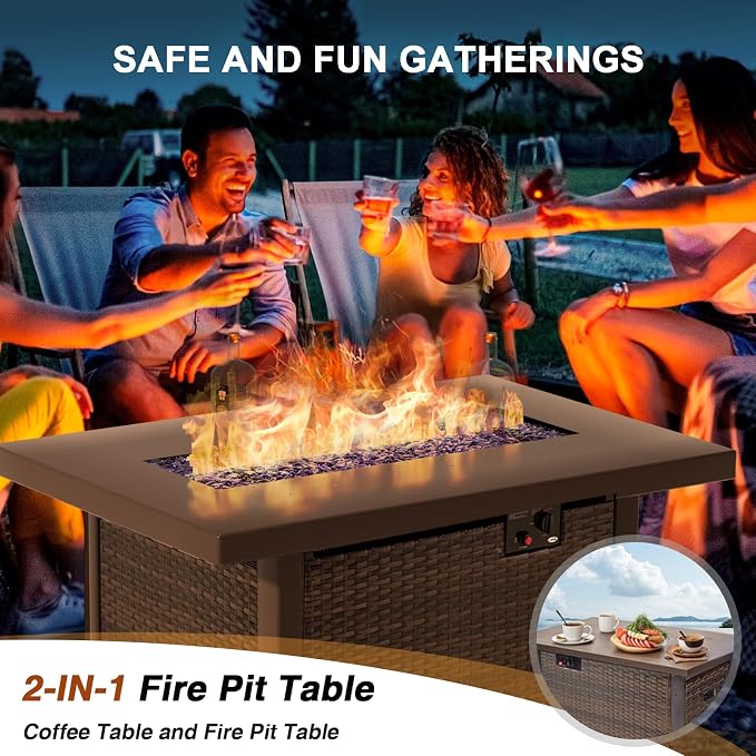 7-Pieces Patio Furniture Sets Outdoor Sectional Sofa with 44'' Propane Rattan Wicker Firepit Table, Patio Sectional Conversation Set with Cushions for Backyard, Poolside, Garden Black